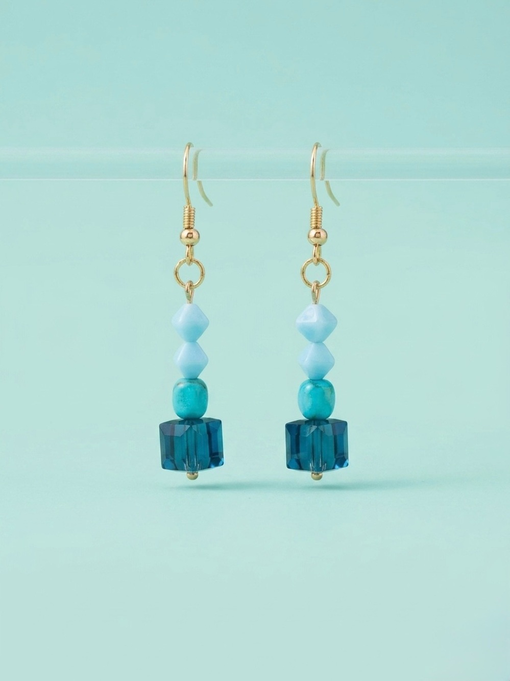 Hand crafted Gold-Tone Blue Beaded Drop Earrings